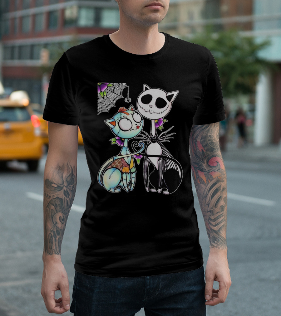 Jack Skellington Cat and Sally Cat with Heart Umbrella and Stitching Elements T-Shirt