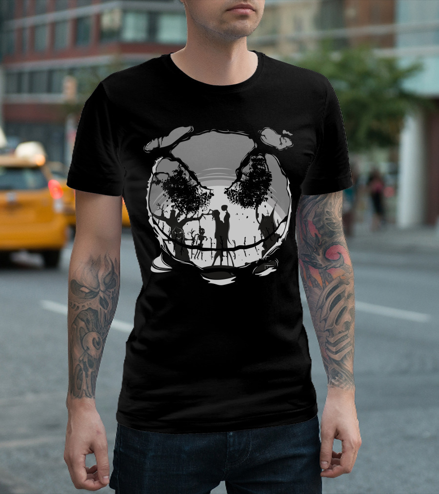 Jack and Sally Embrace in Spooky Forest Scene T-Shirt