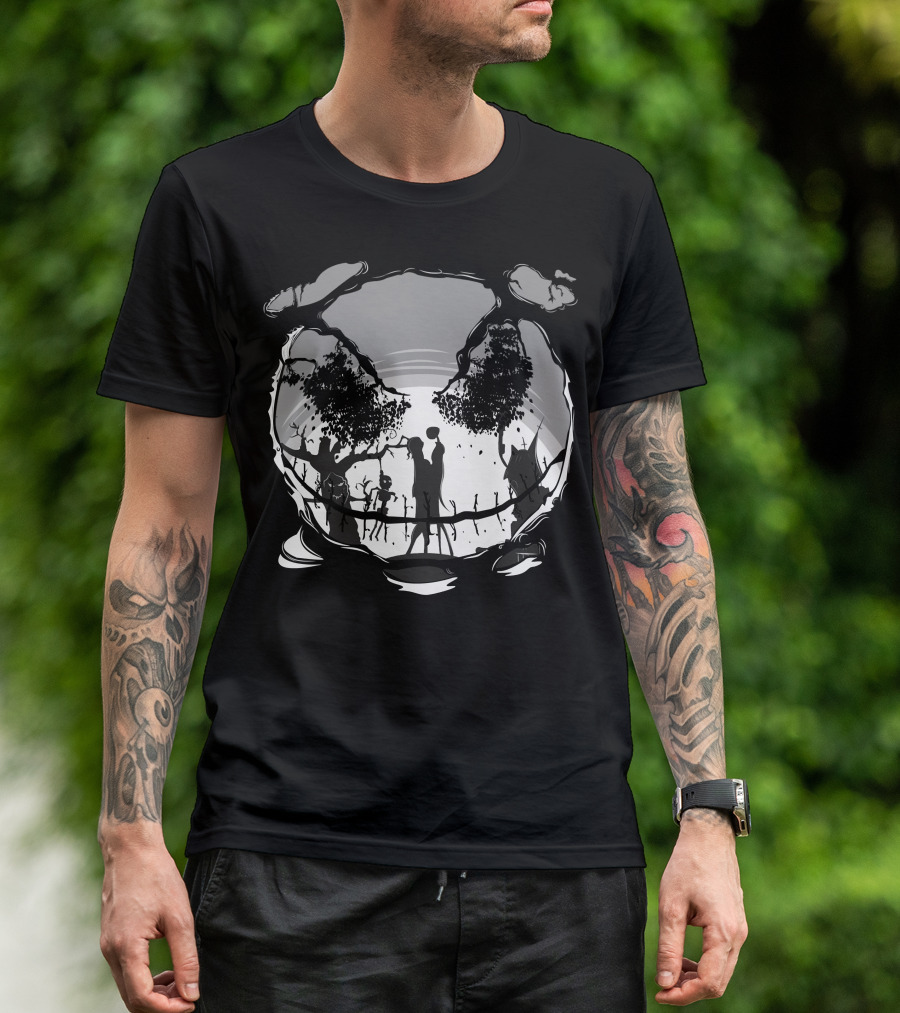 Jack And Sally Embrace In Spooky Forest Scene T-Shirt