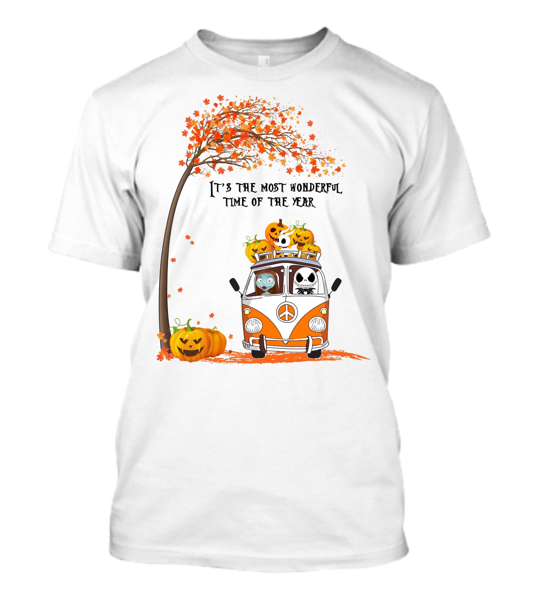 It's The Most Wonderful Time Of The Year Jack Sally Zero And Pumpkin In Van With Tree And Autumn Leaves T-Shirt