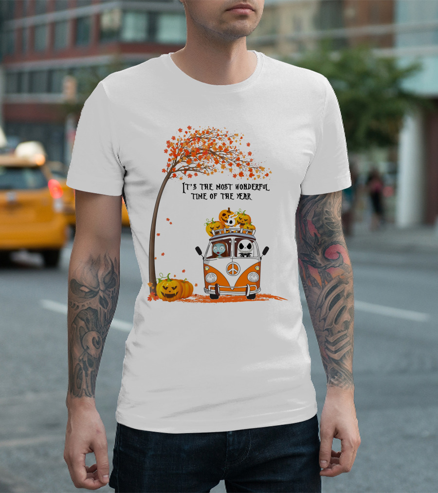 It's The Most Wonderful Time of the Year Jack Sally Zero and Pumpkin in Van with Tree and Autumn Leaves T-Shirt