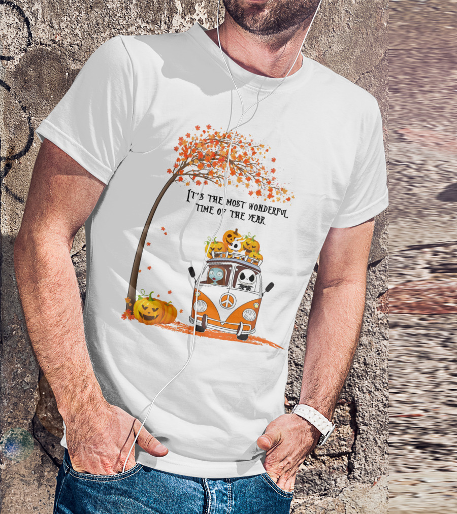 It's The Most Wonderful Time Of The Year Jack Sally Zero And Pumpkin In Van With Tree And Autumn Leaves T-Shirt