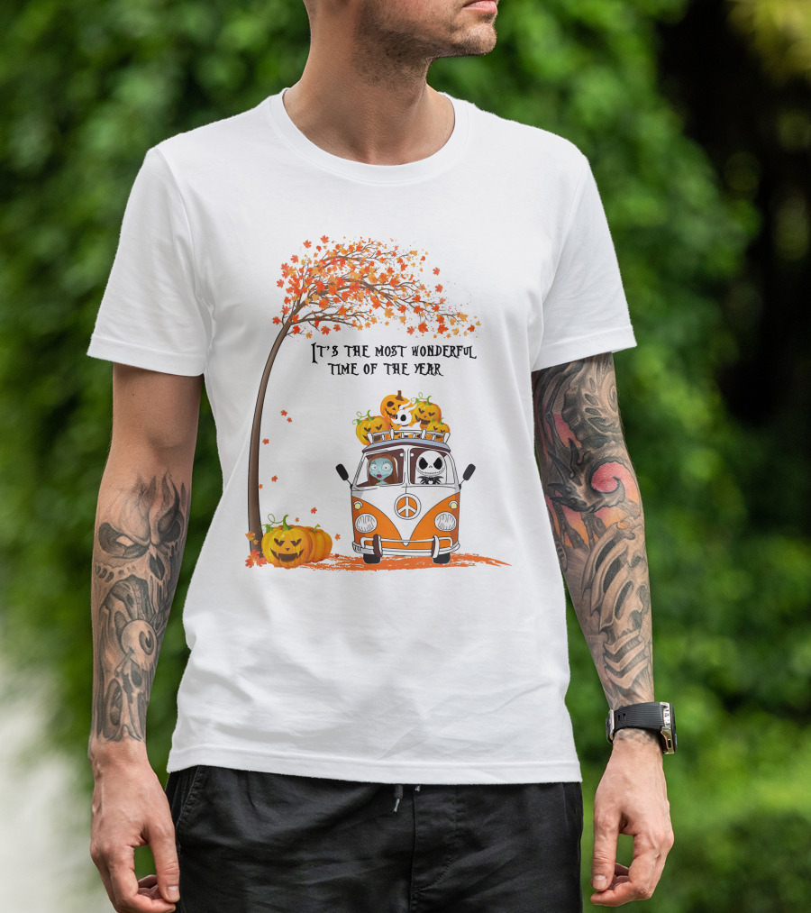 It's The Most Wonderful Time Of The Year Jack Sally Zero And Pumpkin In Van With Tree And Autumn Leaves T-Shirt