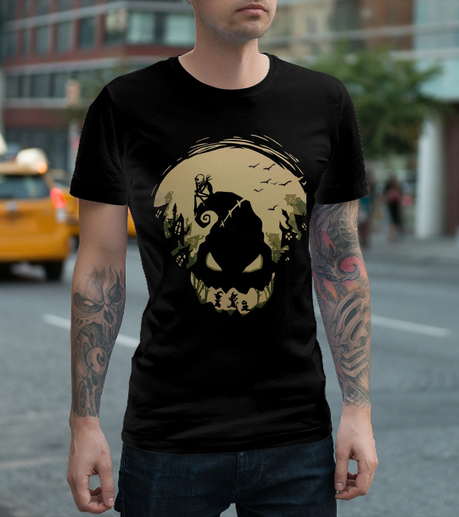 Jack Skellington Sitting on Curved Hilltop Over Oogie Boogie with Walking Figures and Bats in Spooky Moonlit Landscape T-Shirt