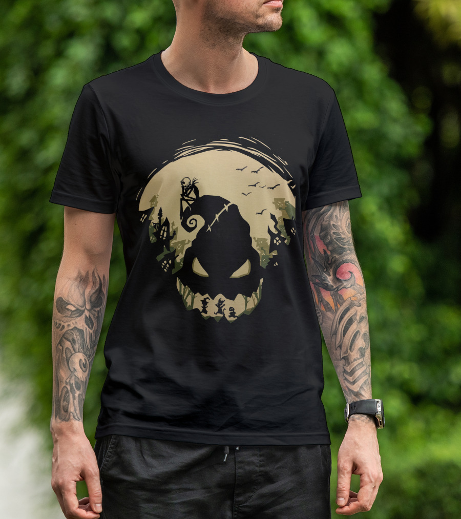 Jack Skellington Sitting On Curved Hilltop Over Oogie Boogie With Walking Figures And Bats In Spooky Moonlit Landscape T-Shirt