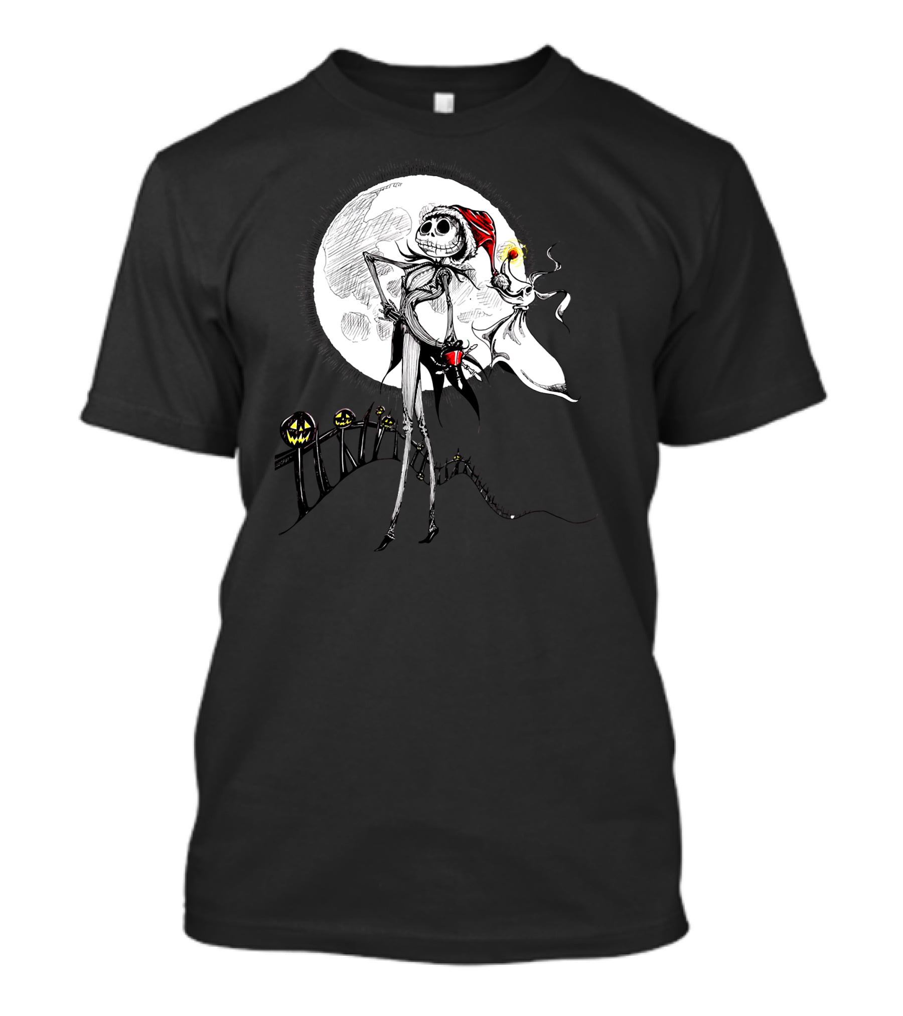 Jack Skellington Zero With Santa Hat And Full Moon Halloween Scene T-Shirt