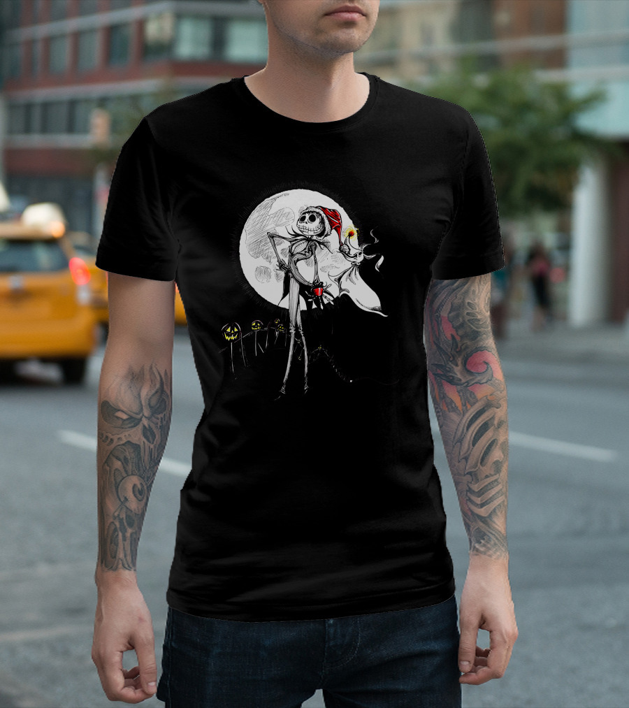 Jack Skellington Zero with Santa Hat and Full Moon Halloween Scene T-Shirt