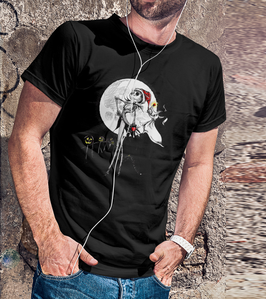 Jack Skellington Zero With Santa Hat And Full Moon Halloween Scene T-Shirt