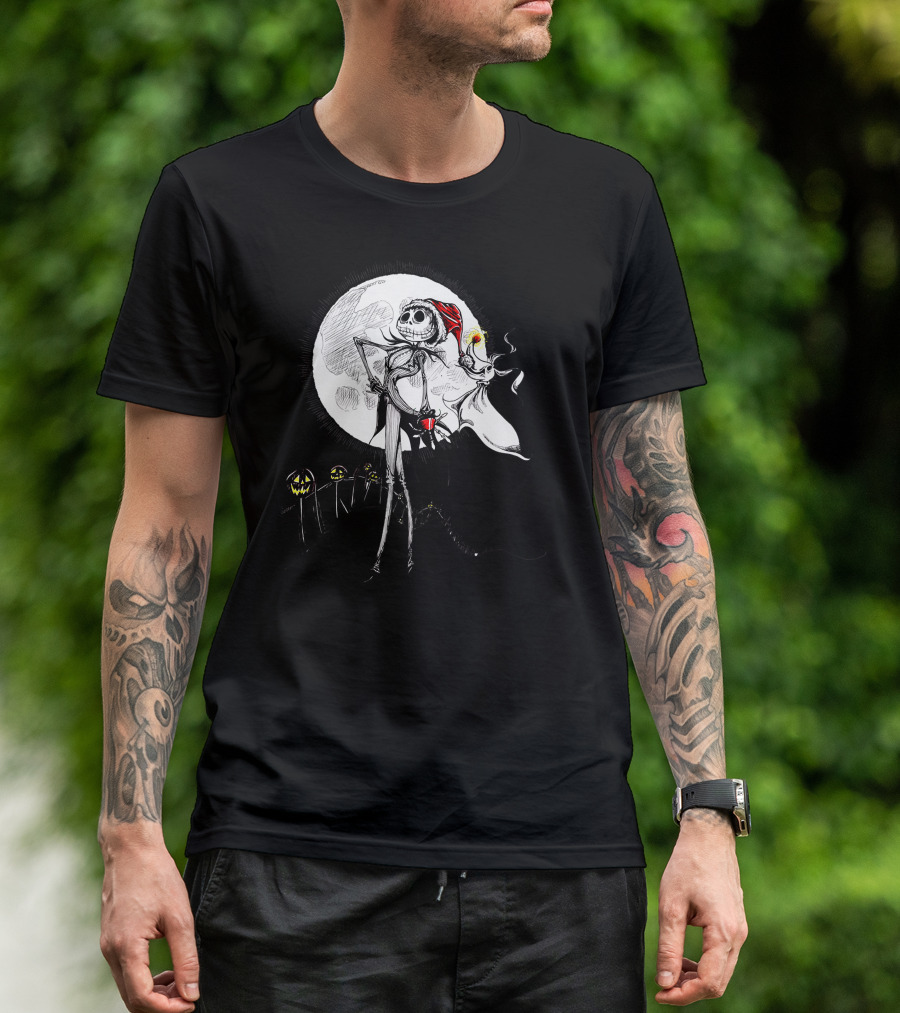 Jack Skellington Zero With Santa Hat And Full Moon Halloween Scene T-Shirt