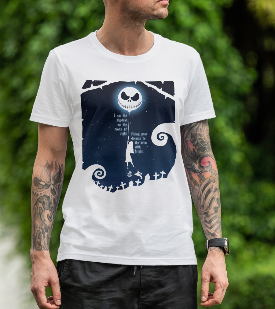 Jack Skellington Sally Zero Shadow On The Moon At Night Filling Your Dreams With Fright T-Shirt
