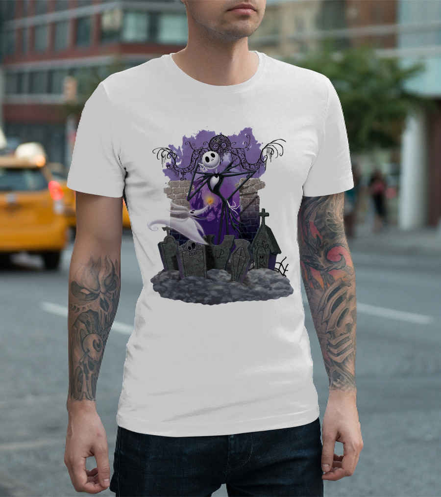 Jack Skellington Zero RIP Graveyard Scene with Ghostly Dog and Gothic Elements T-Shirt