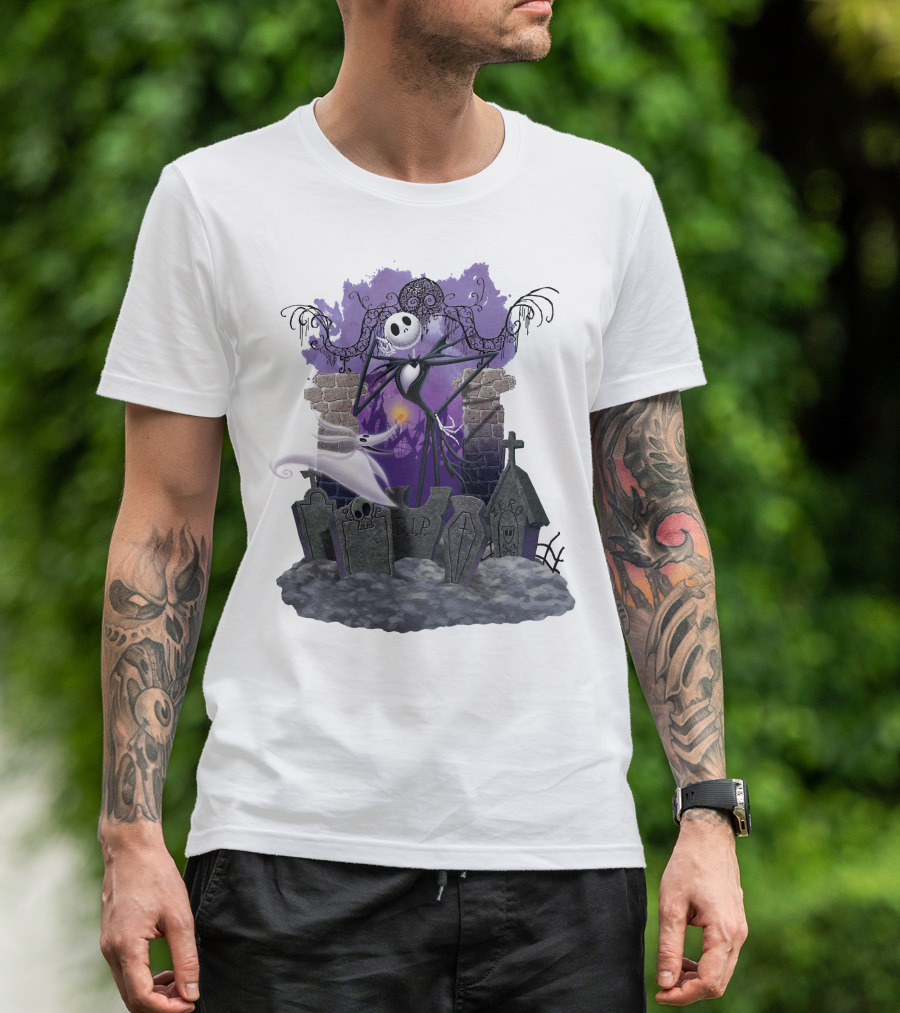 Jack Skellington Zero RIP Graveyard Scene With Ghostly Dog And Gothic Elements T-Shirt