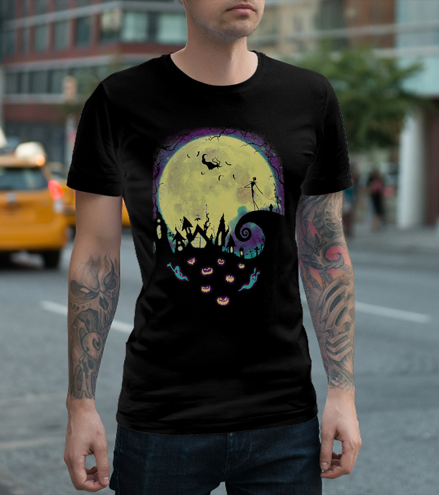 Jack Zero Moonlit Halloween Scene with Ghostly Pumpkins T-Shirt