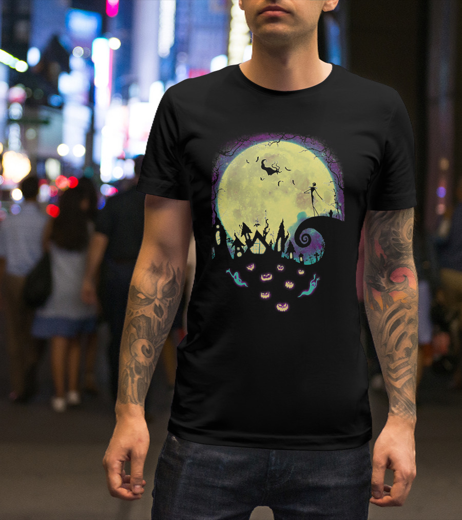 Jack Zero Moonlit Halloween Scene With Ghostly Pumpkins T-Shirt