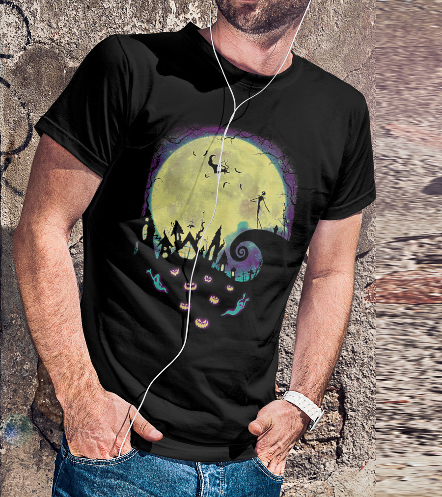 Jack Zero Moonlit Halloween Scene With Ghostly Pumpkins T-Shirt