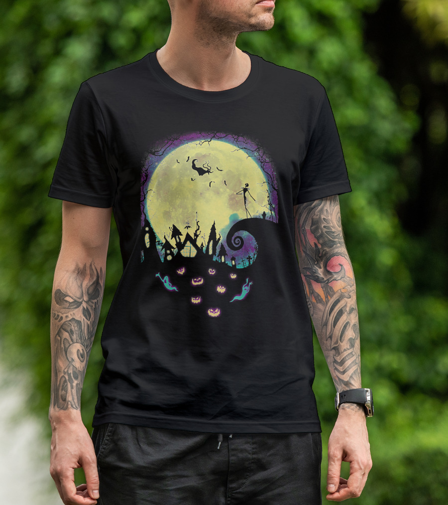 Jack Zero Moonlit Halloween Scene With Ghostly Pumpkins T-Shirt
