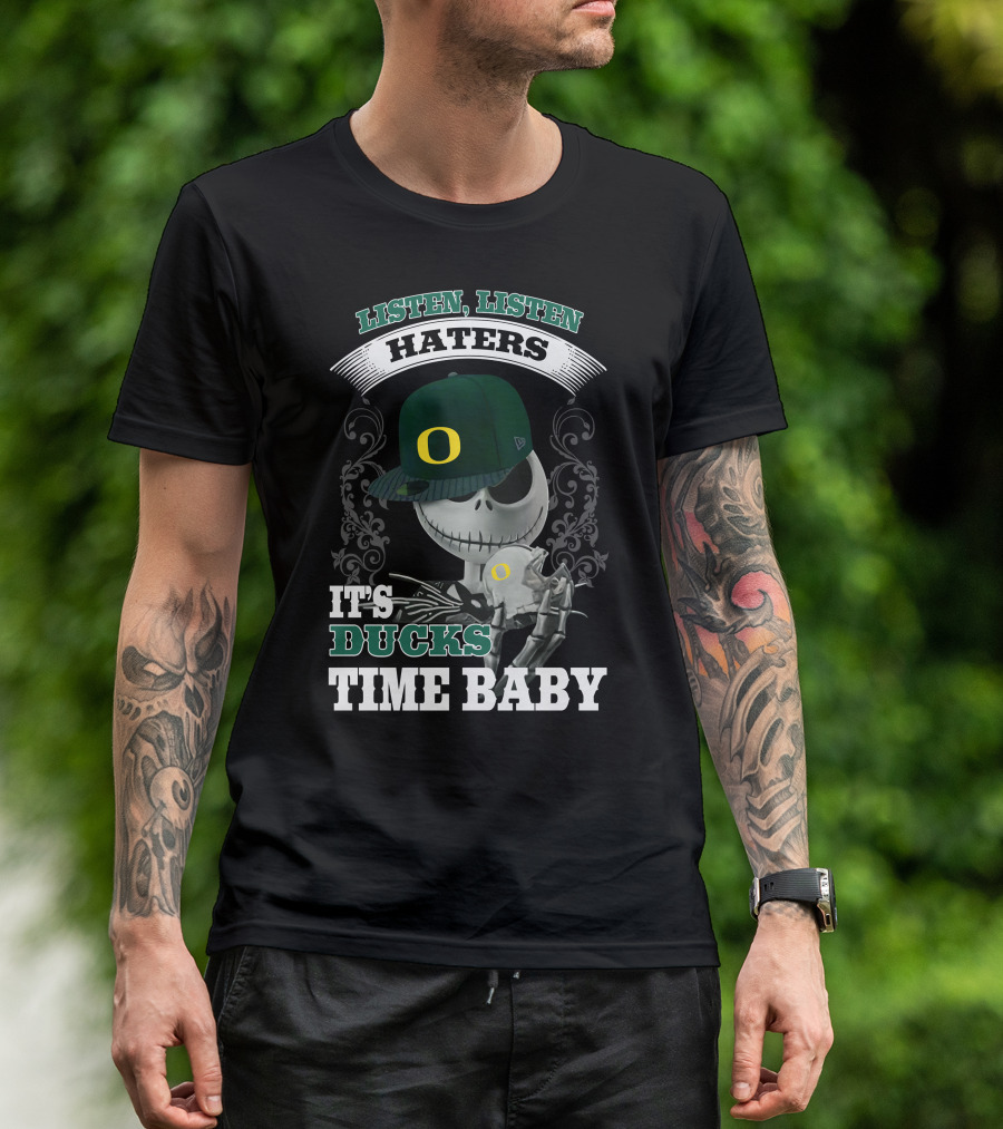 Listen Haters It's Ducks Time Baby Skeleton Wearing Green Baseball Cap With O T-Shirt