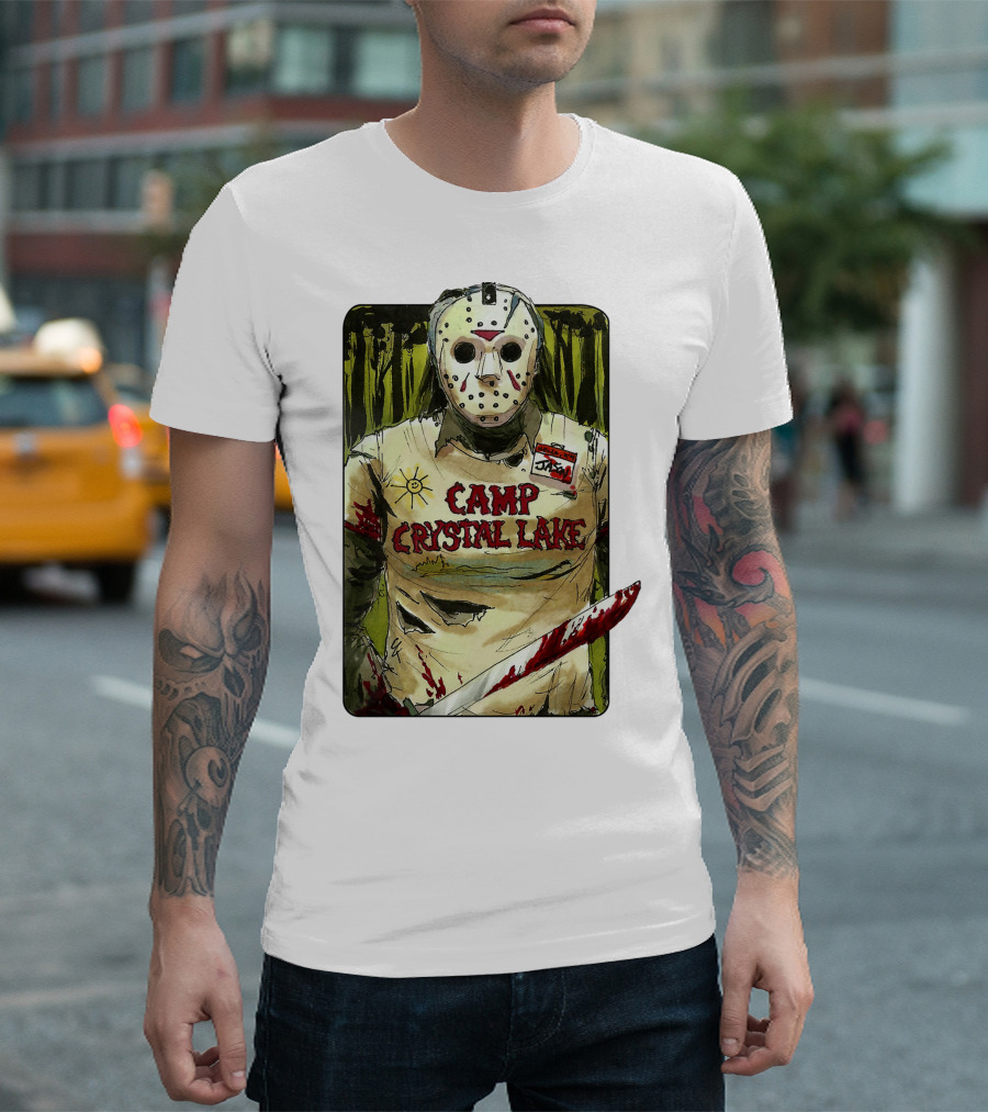 Jason Camp Crystal Lake Horror Mask Blood Stained Machete T-Shirt