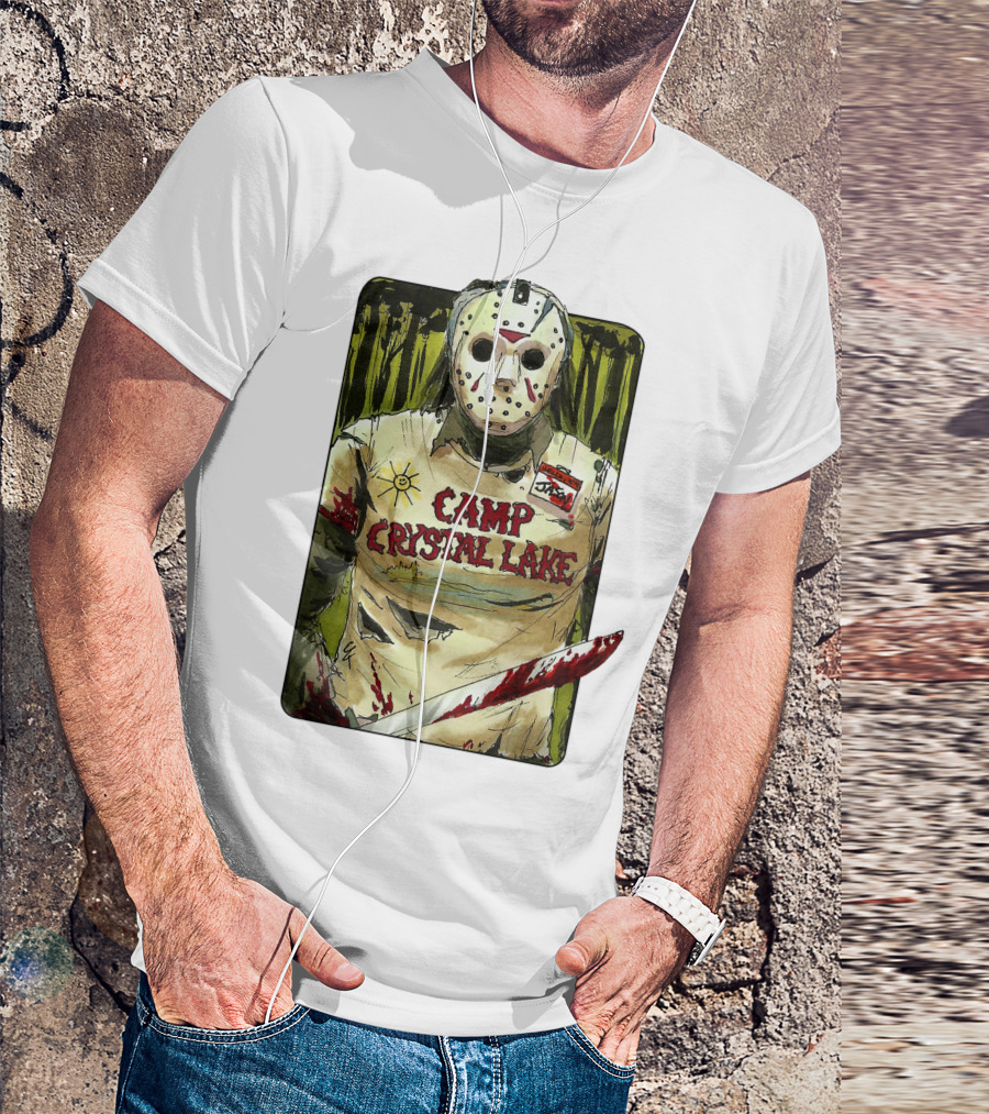 Jason Camp Crystal Lake Horror Mask Blood Stained Machete T-Shirt