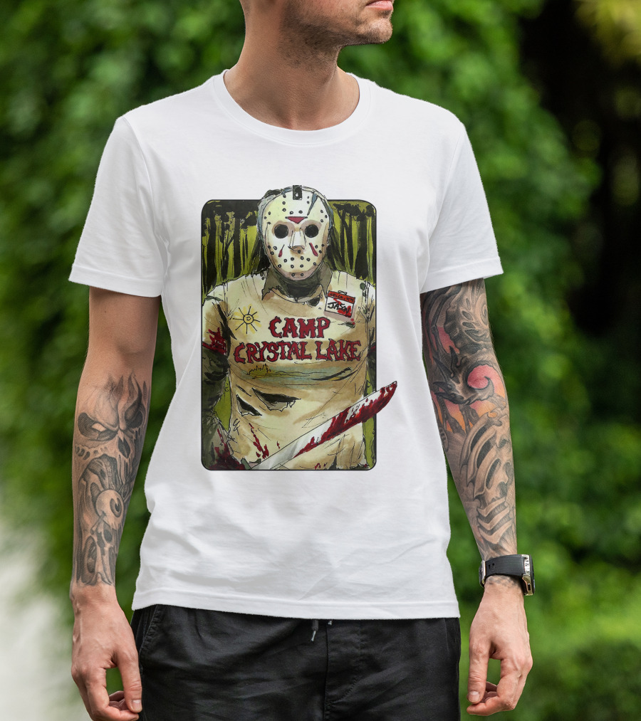 Jason Camp Crystal Lake Horror Mask Blood Stained Machete T-Shirt