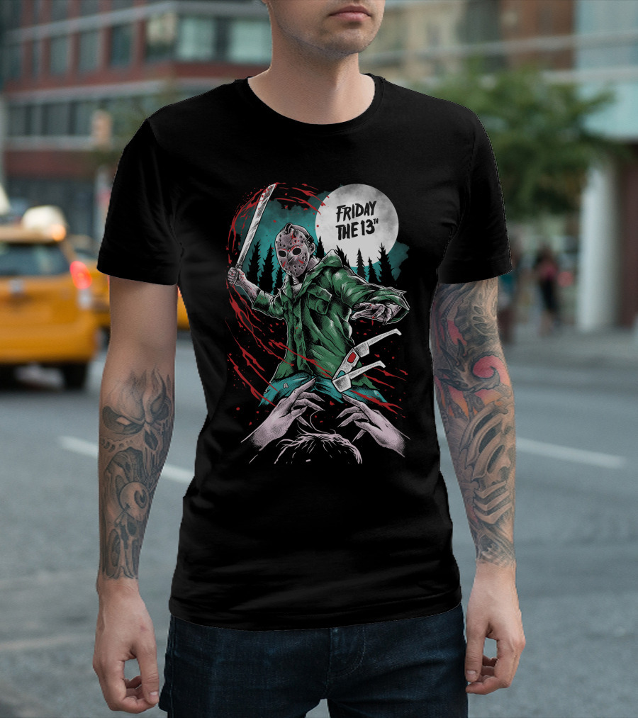 Friday The 13th Jason Vorhees Mask and Machete Horror Scene T-Shirt