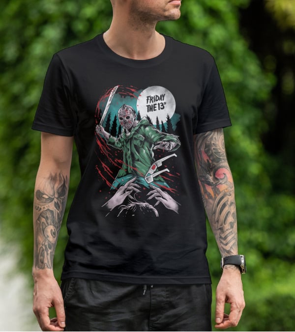 Friday The 13th Jason Vorhees Mask And Machete Horror Scene T-Shirt