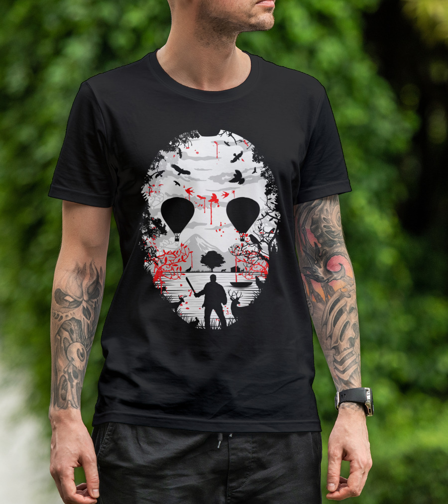 Jason Voorhees Camp Crystal Lake Mask Silhouette Counselor Scene T-Shirt