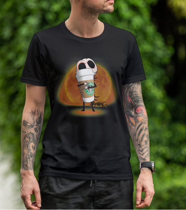 Jack Skellington Hugging Starbucks Coffee Halloween Moon Background T-Shirt