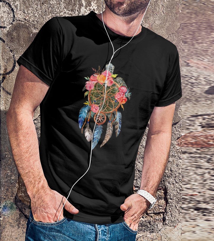Turtle Dream With Floral Dreamcatcher And Feathers T-Shirt