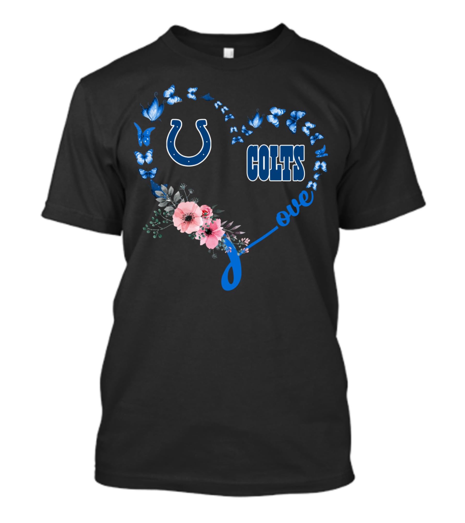 Indianapolis Colts Butterfly Love Heart Design With Floral And Logo Elements T-Shirt