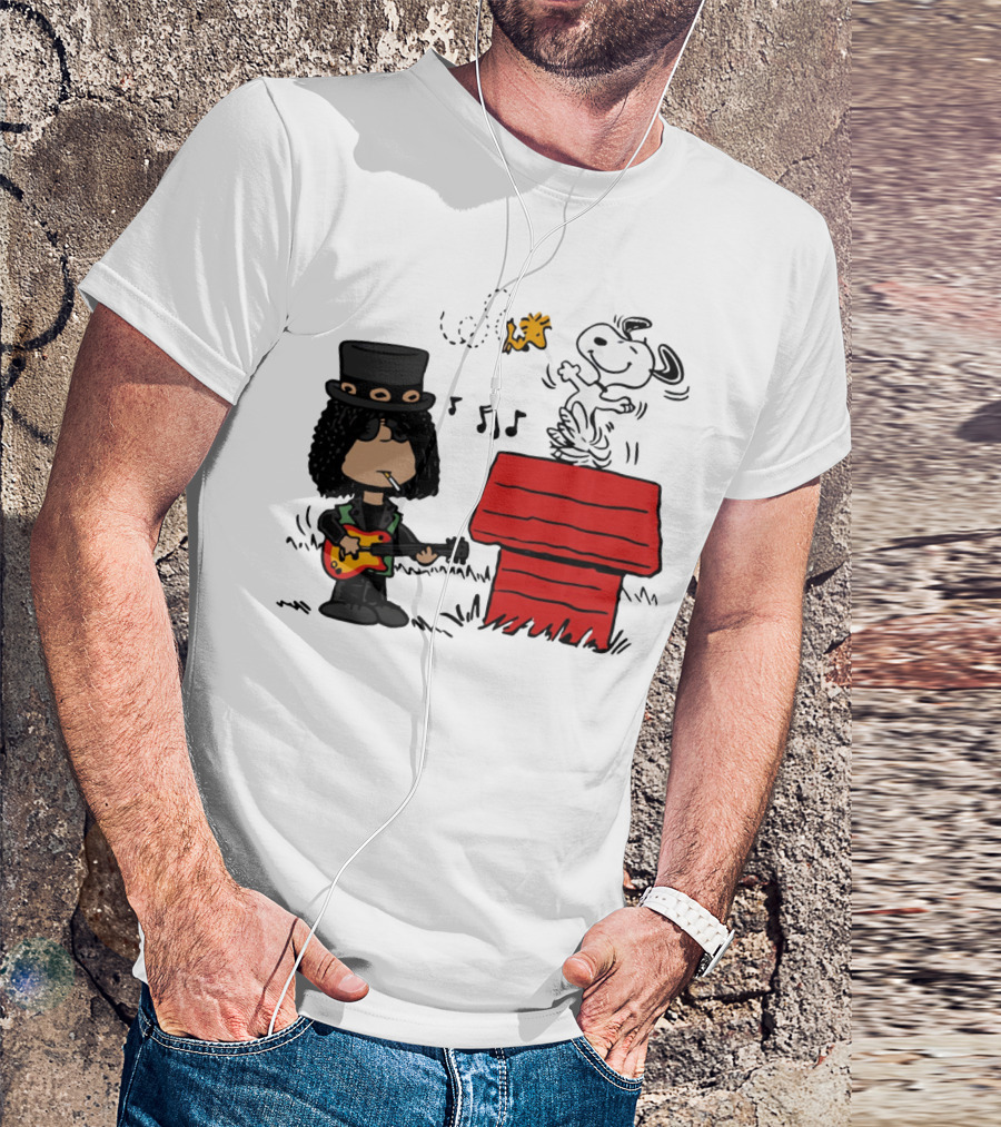 Slash Style Guitarist With Snoopy And Woodstock Playing Music T-Shirt