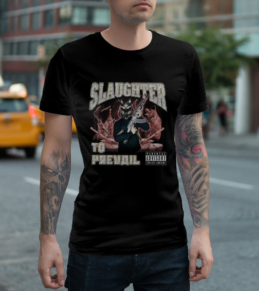 Slaughter To Prevail Explicit Content Masked Figure with Gun and Bullets T-Shirt