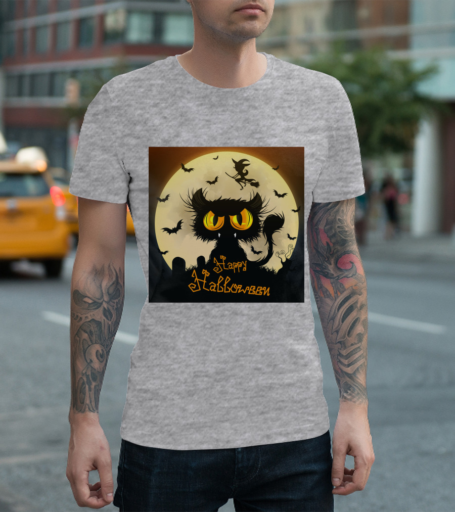 Starry Halloween Cat with Witch and Bats T-Shirt