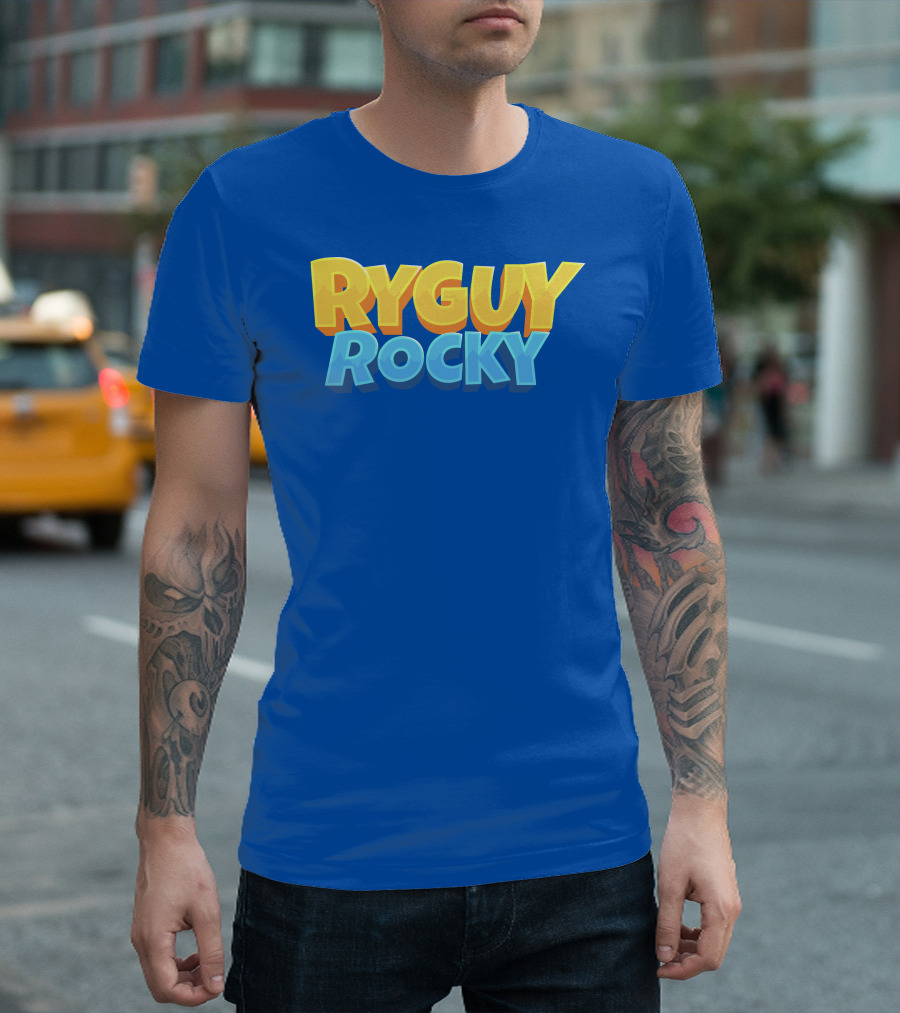 RYGUYROCKY Bold Text Logo Blue Background T-Shirt
