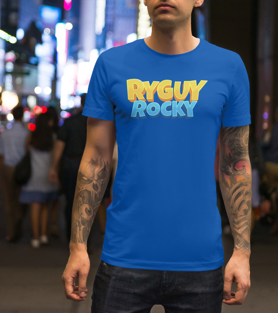 RYGUYROCKY Bold Text Logo Blue Background T-Shirt