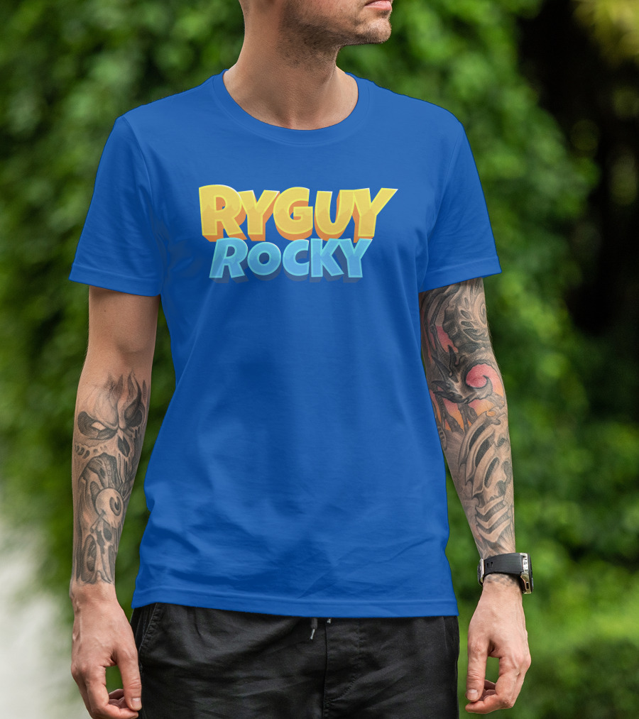 RYGUYROCKY Bold Text Logo Blue Background T-Shirt