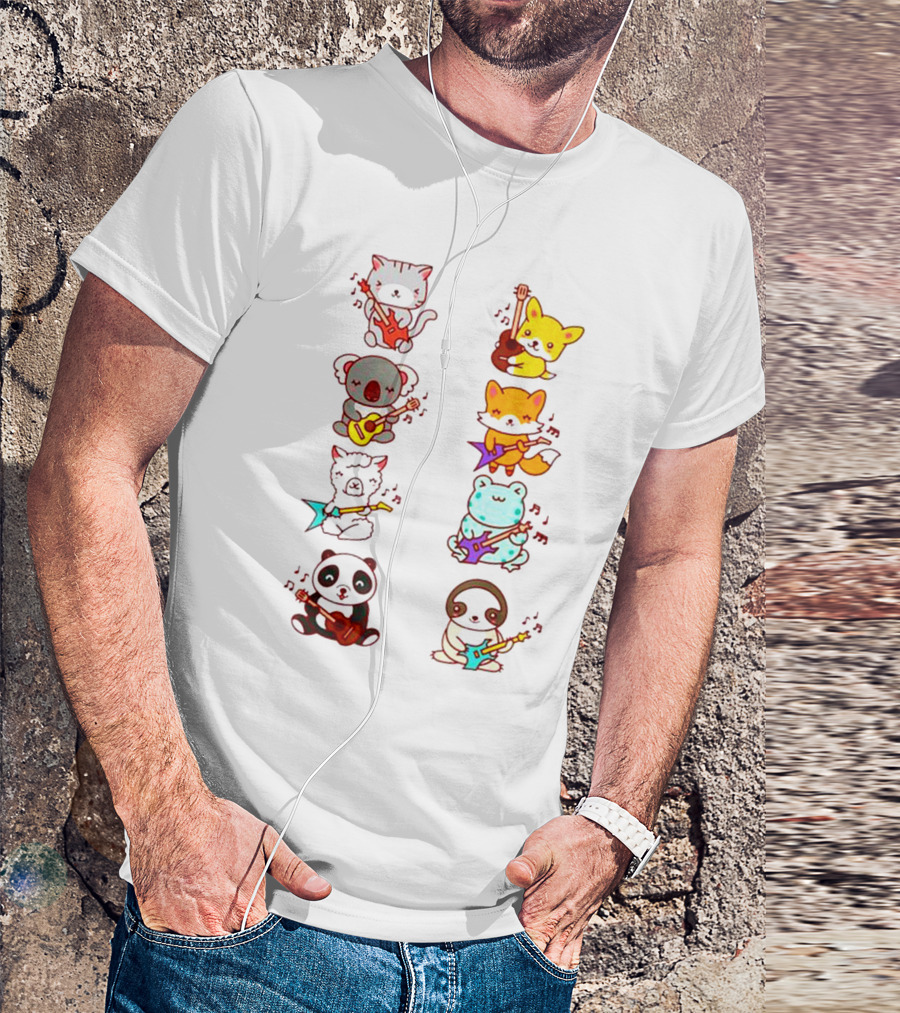 Cat Fox Koala Alpaca Frog Panda Animals Playing Acoustic Electric Guitars Kawaii T-Shirt