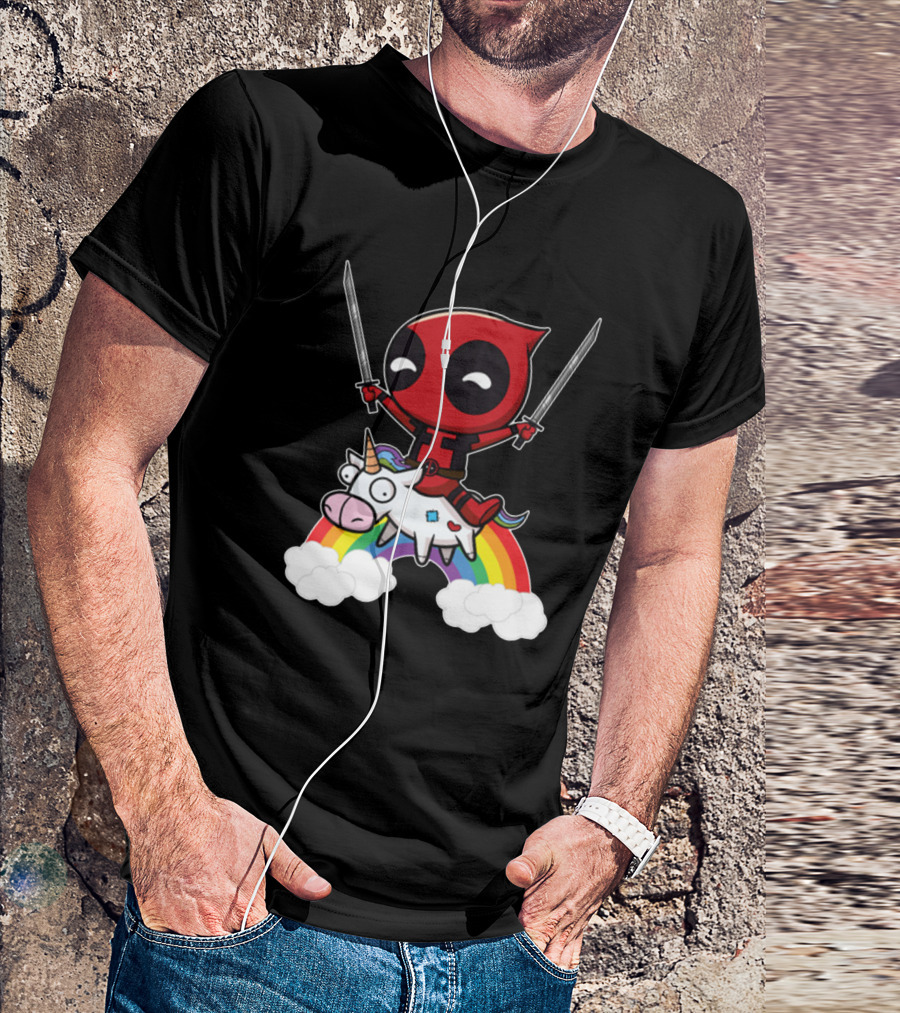 Chibi Deadpool Riding Epic Rainbow Unicorn With Dual Katanas T-Shirt