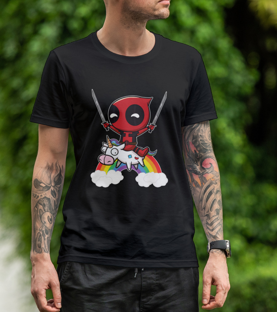 Chibi Deadpool Riding Epic Rainbow Unicorn With Dual Katanas T-Shirt