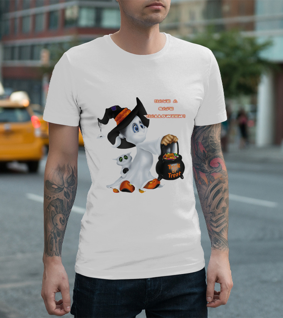 Have a Safe Halloween Trick or Treat Party Ghost with a Witch Hat and Candy T-Shirt