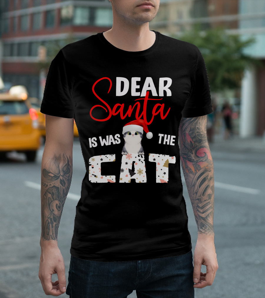 Dear Santa Cute Cat in Santa Hat Holiday Christmas T-Shirt