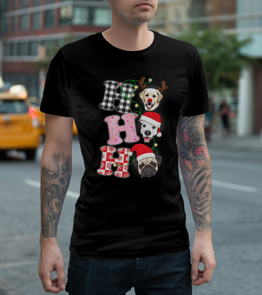 HO HO HO Christmas Dogs with Santa Hats and Reindeer Antlers T-Shirt