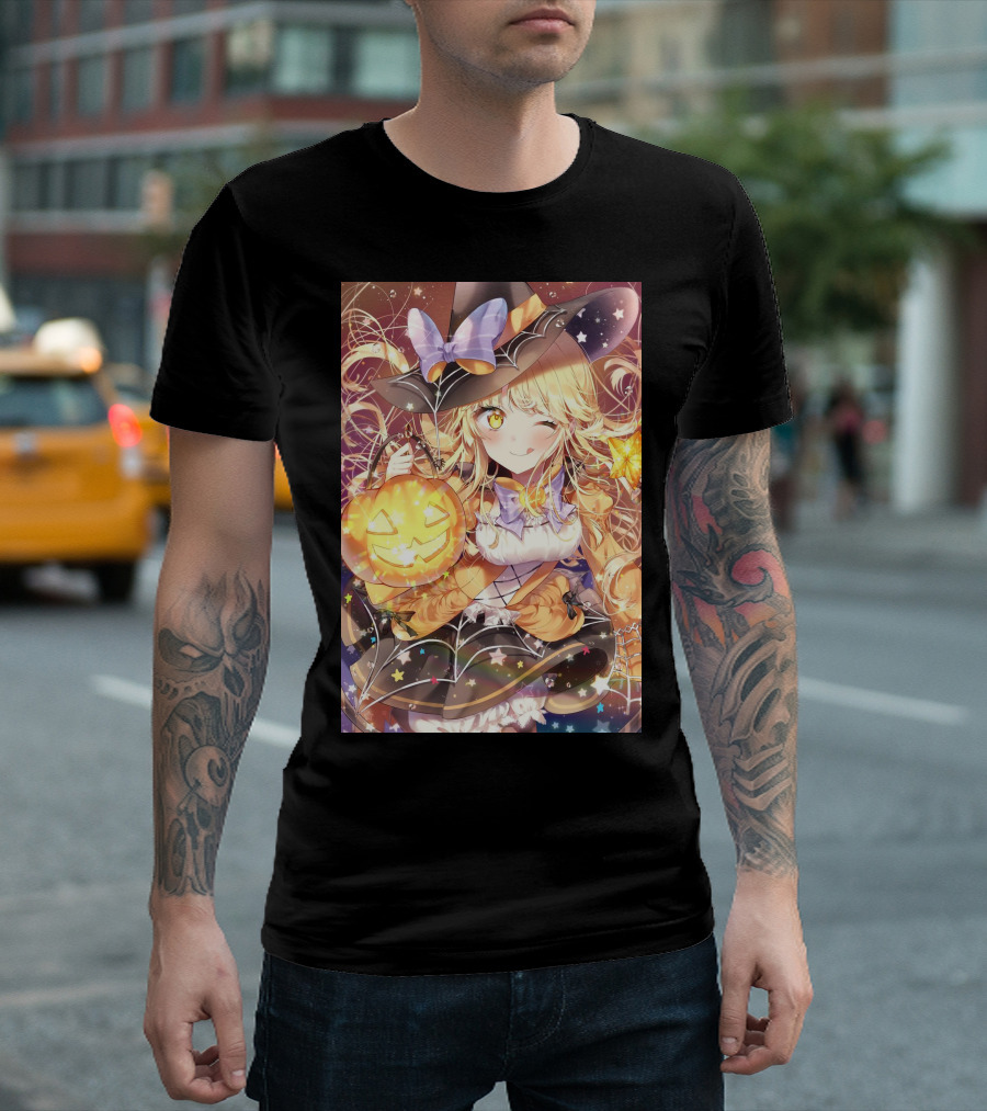 Anime Halloween Witch Girl with Pumpkin Lantern and Stars T-Shirt