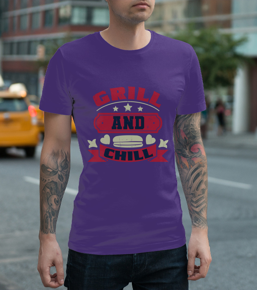GRILL AND CHILL Stars and Hearts BBQ Burger Banner T-Shirt