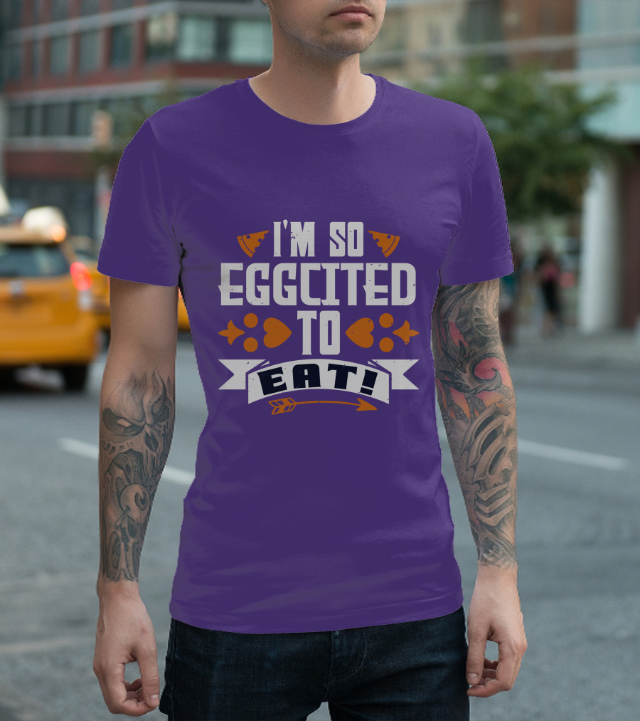 I'm So Eggcited to Eat Fun Playful Foodie Text Pizza Slice and Fish Icons T-Shirt