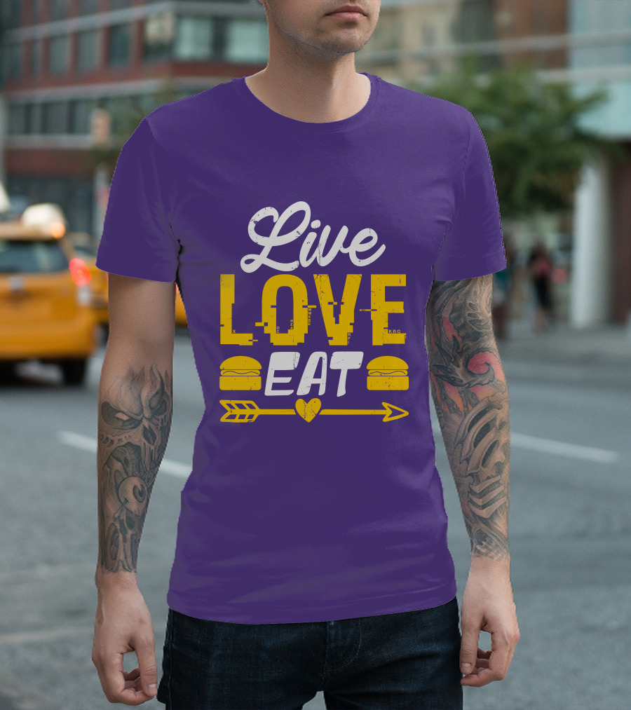 Live Love Eat with Burgers and Heart Arrow on Red T-Shirt