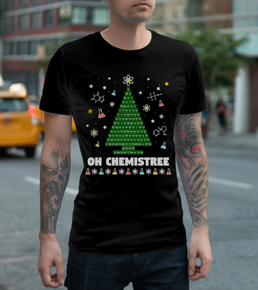 Oh Chemistree Periodic Table Christmas Tree with Beakers and Molecules T-Shirt