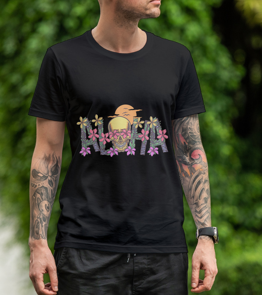 Aloha Skull Hawaii Floral Sunset T-Shirt