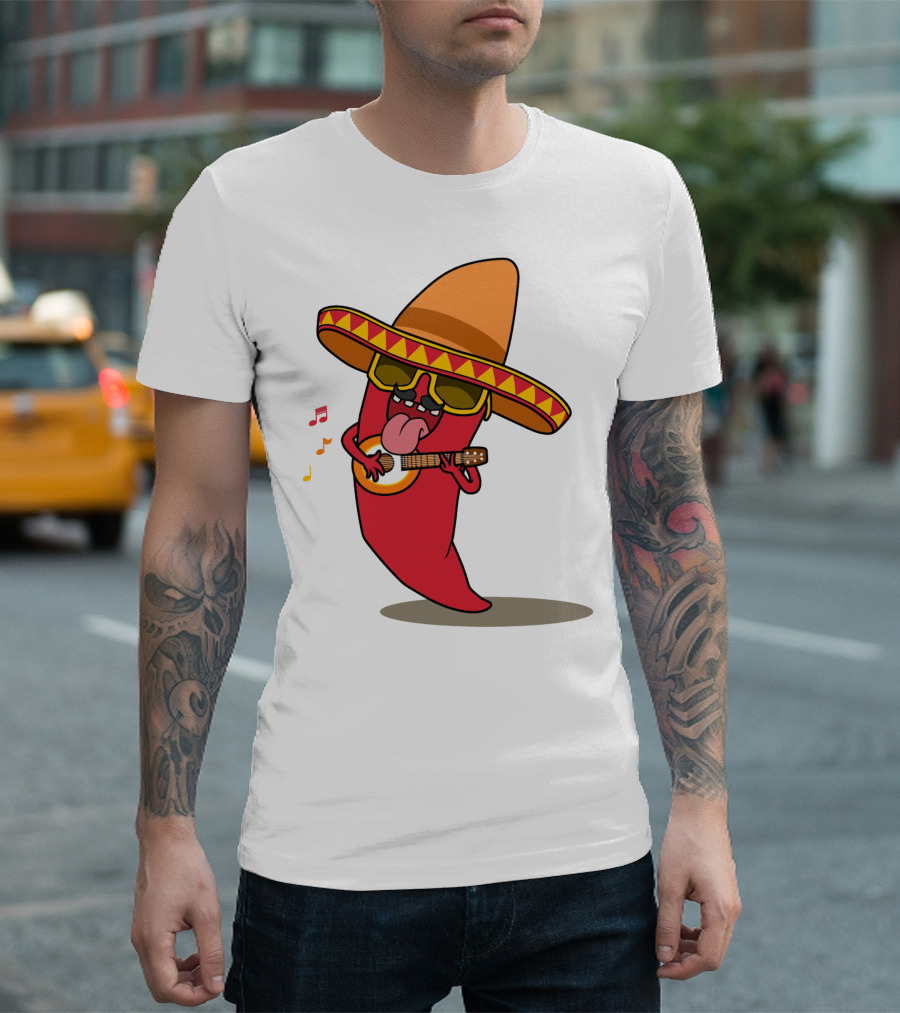 Mexican Chili Pepper Playing Guitar in Sombrero T-Shirt