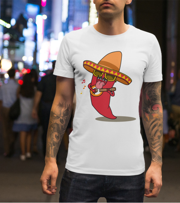 Mexican Chili Pepper Playing Guitar In Sombrero T-Shirt